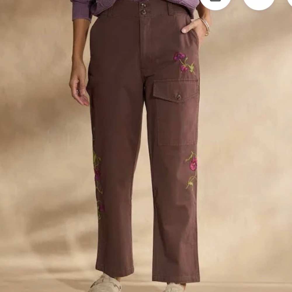 NEW Sundance Women’s Embroidered Cargo Pants 6 Dark Brown Boho Cotton Stretch
